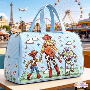 Toy Story 5 Family Travel Duffel Bag, Toy Story 5, Cute Baby Reveal, Cowgirl Woody Buzz Friend Bag, Cartoon Adventure, Family Vacation Gift image 2