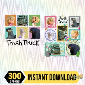 Puede incluir: Una descarga digital con varias imágenes de dibujos animados de la serie animada "Trash Truck". El diseño incluye personajes como un niño rubio, un mapache, un oso y un camión de basura verde, todo en un estilo colorido y juguetón.