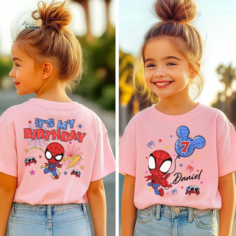 A young girl wearing a pink t-shirt with a Spiderman character and the text "It's my birthday" printed on it.