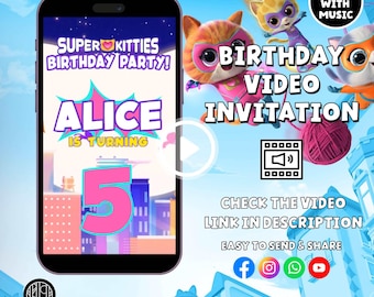 Meisje Super Kitties verjaardagsuitnodiging sjabloon Super Kitties uitnodiging digitale kat meisje uitnodigen sjabloon Kitty Cat feestuitnodiging