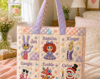 The Amazing Digital Circus Quilted Tote Bag, Colorful Cartoon Travel Duffel Bag, Fun Kids Overnight Bag, Pomni Jax Ragatha Travel Duffel Bag