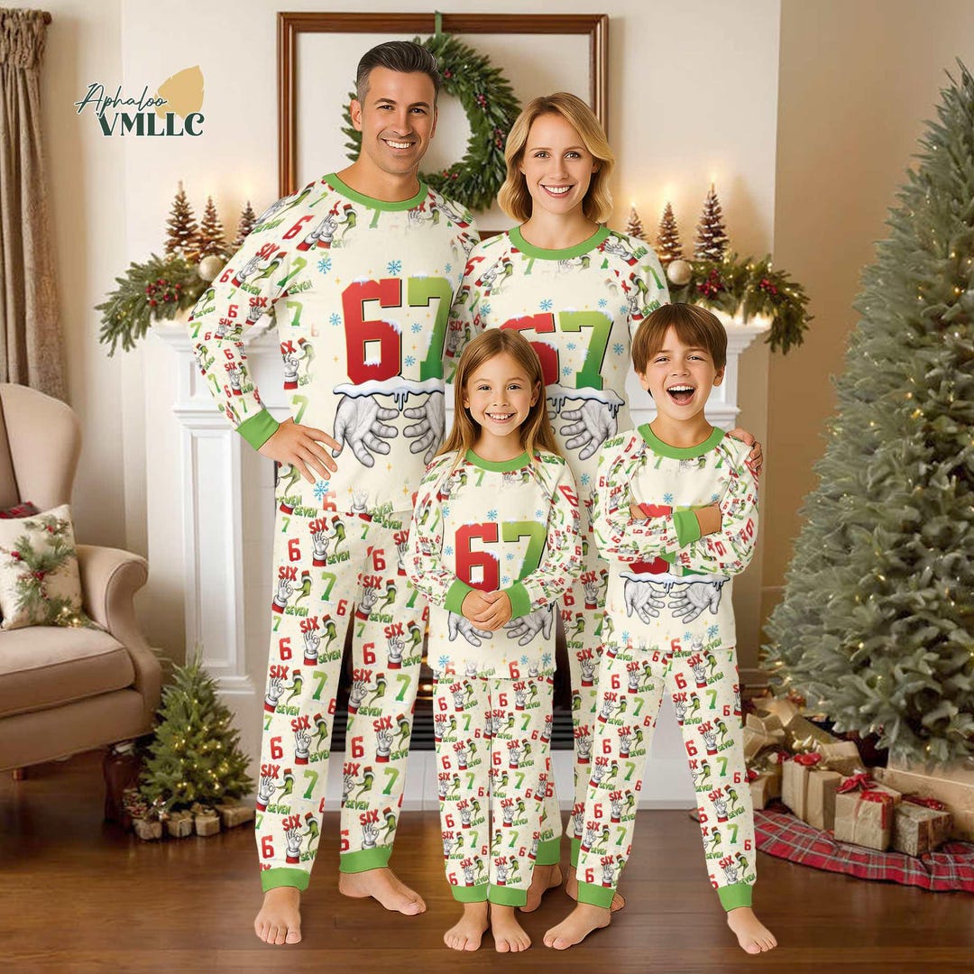 Funny 67 Meme Christmas Raglan Pajamas Set, Six Seven Xmas Pajama ...
