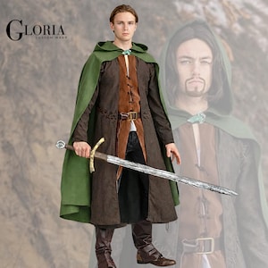 May include: A medieval-style costume featuring a green hooded cape, brown tunic, and a silver sword. The tunic has a leather belt and button details. The costume is designed with a medieval theme, perfect for cosplay or themed events. The logo "GLORIA CUSTOM WEAR" is visible in the upper left corner.