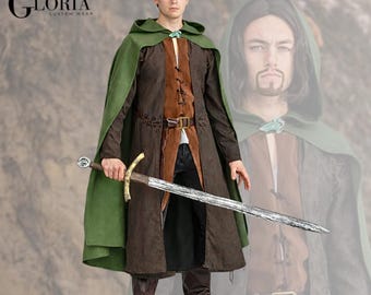 Lord of the Rings Costume | 6 Piece Medieval Renaissance Set: Tunic, Vest, Shirt, Pants, Wool Hooded Cape & Belt for Comic Con