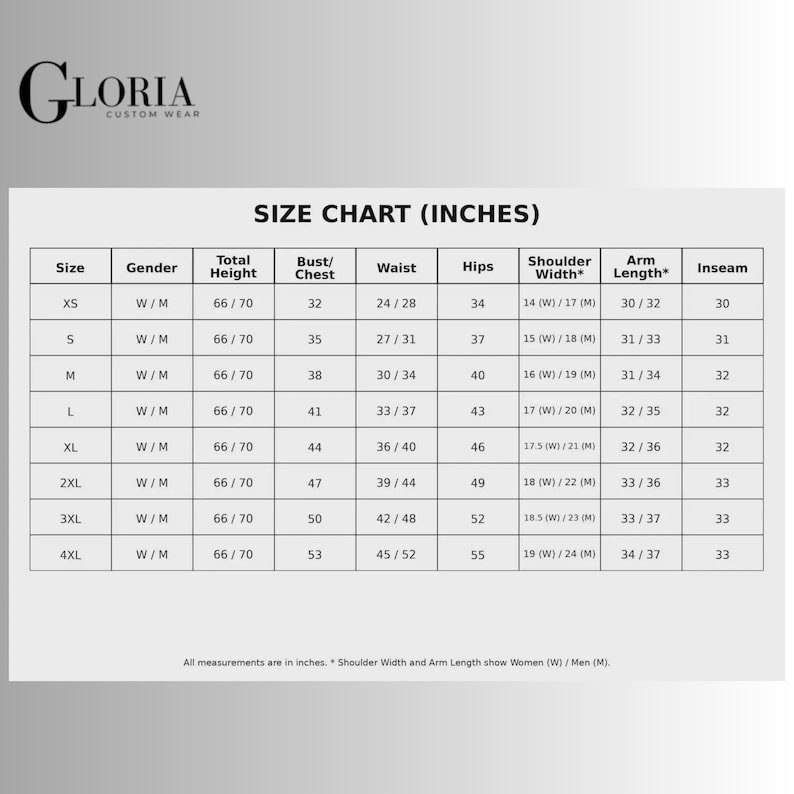 Pu&ograve; includere: Una tabella delle taglie in bianco e nero per Gloria Custom Wear, con colonne per taglia, genere, altezza totale, busto/petto, vita, fianchi, larghezza spalle, lunghezza braccio e cucitura interna in pollici. La tabella elenca le misure dalla XS alla 4XL.