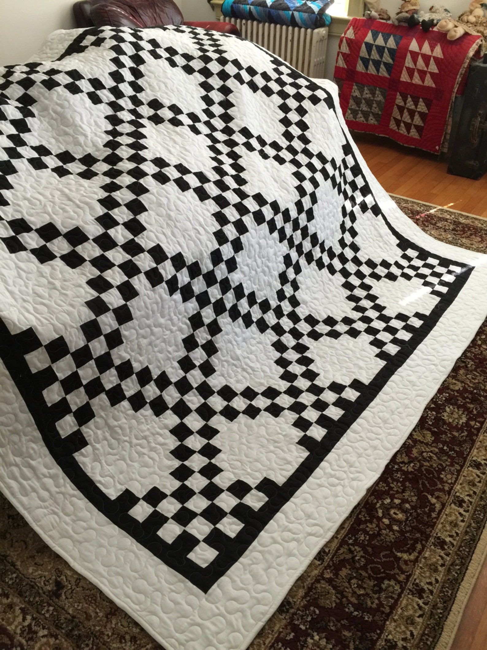 Quilt Double Irish Chain Black and White Queen With White Etsy