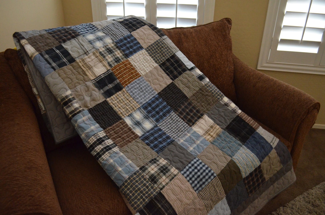 Quilt Men's Plaid Dress Shirt Quilt Repurpose Recycle Gray Etsy