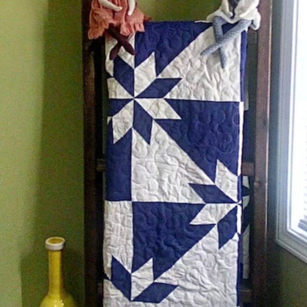 Quilt Queen Star Flower Blue and White Tradition Quilt Ready to Ship