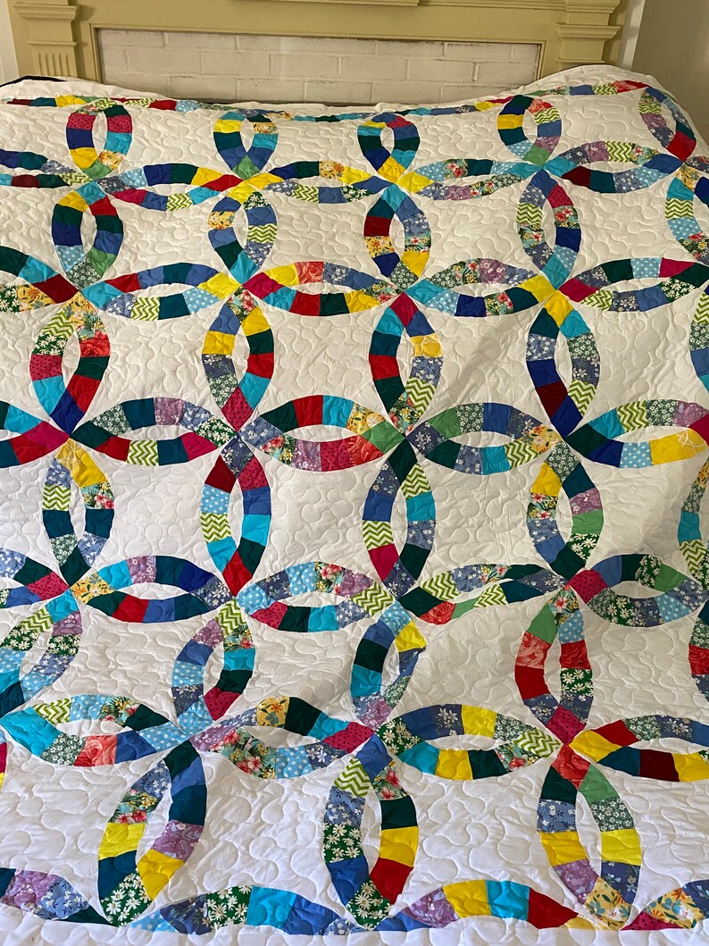 Quilt Multi Colored Scrappy Double Wedding Ring Queen Made to Etsy