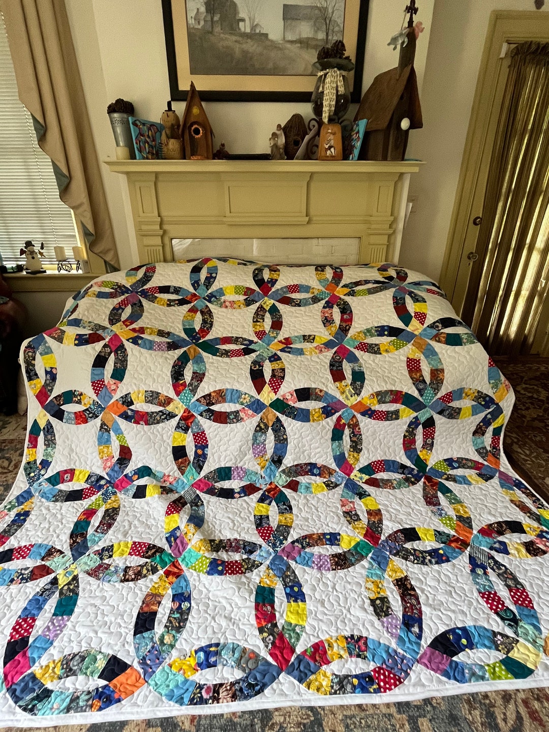 Quilt Multi Colored Scrappy Double Wedding Ring Queen or King - Etsy