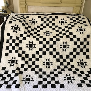 Quilt Black and White Double Irish Chain with Ohio Stars Queen Made to Order