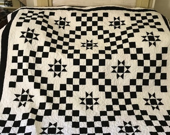 Quilt Black and White Double Irish Chain with Ohio Stars Queen Made to Order