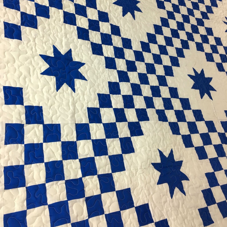 Quilt Royal Blue and White Triple Irish Chain with Stars Queen Etsy