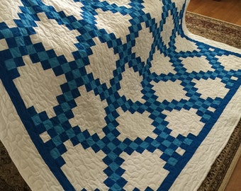 Quilt Double Irish Chain Kona Cotton Pacific Blues and White Queen Made to Order