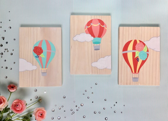 Hot Air Balloon Clouds Nursery Kids Bedroom Bathroom Themed Wall Art Floral Pink And Mint Hand Painted Wood Decor