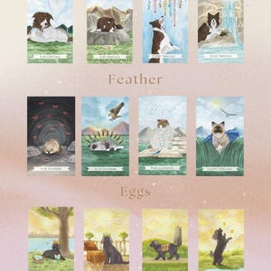May include: A tarot deck featuring illustrations of dogs and cats in various poses. The cards are divided into three suits: Crystal, Feather, and Eggs. Each card has a unique illustration and a title.
