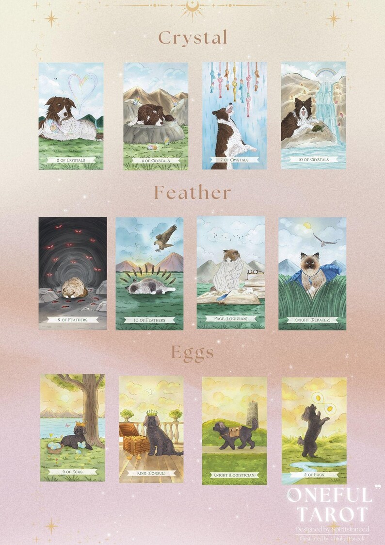 May include: A tarot deck featuring illustrations of dogs and cats in various poses. The cards are divided into three suits: Crystal, Feather, and Eggs. Each card has a unique illustration and a title.