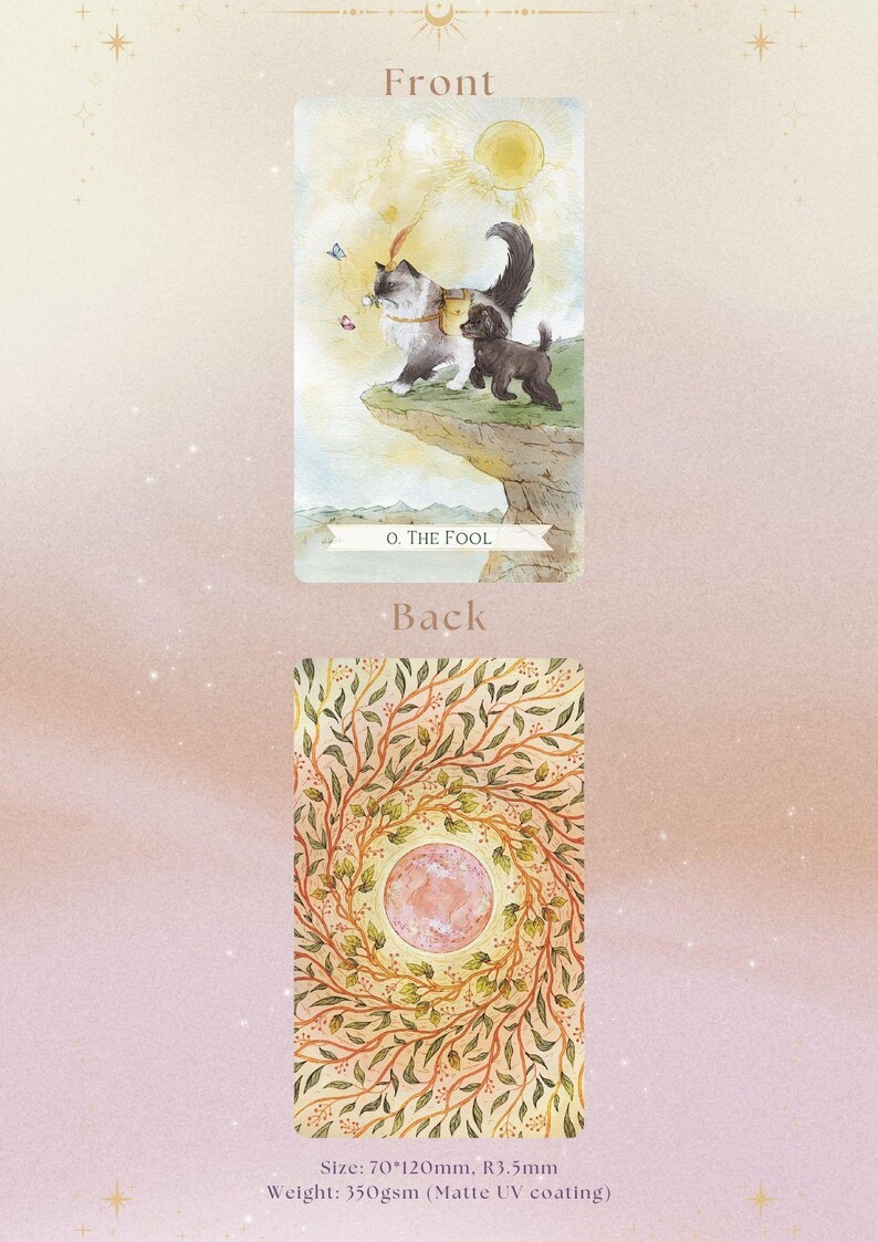 May include: Tarot card featuring a cat and dog on a cliff with a sun in the background. The card is titled "The Fool". The back of the card features a swirling pattern of leaves and a pink circle in the center.