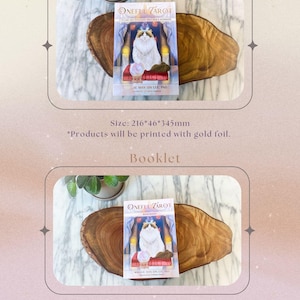 May include: A tarot deck box and booklet with a cat illustration on the front. The box and booklet are both 216mm by 46mm by 345mm. The booklet has 54 pages.