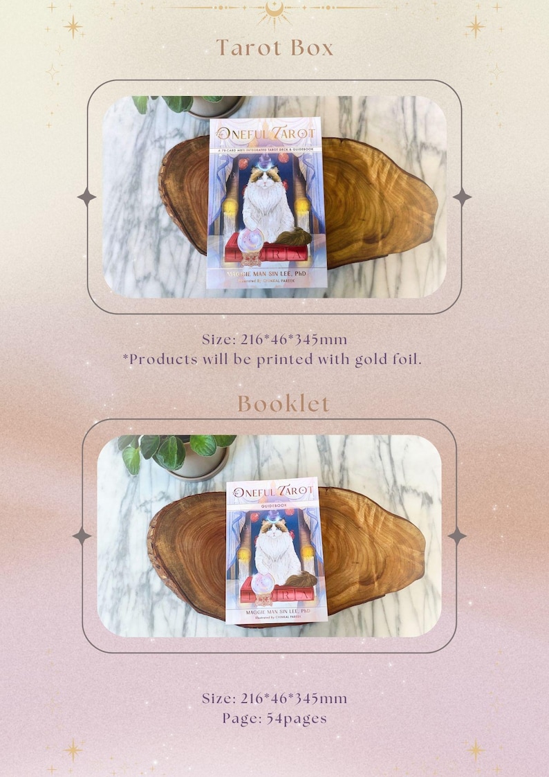 May include: A tarot deck box and booklet with a cat illustration on the front. The box and booklet are both 216mm by 46mm by 345mm. The booklet has 54 pages.