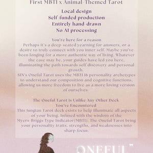 May include: A pink and white illustration of a dog with the text "ONEFUL TAROT" in a black and white font. The text "Designed by Spiritsinneed" and "Illustrated by Chinhal Pareek" is also included in the image. The text describes the tarot deck as the first MBTI x Animal-Themed Tarot in Hong Kong, self-funded, hand-drawn, and with no AI processing.