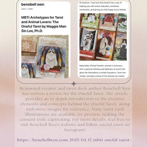 May include: A review of the Oneful Tarot deck by Benebell Wen, a tarot deck author. The article discusses the deck's creative elements and concepts, along with images of the cards. The article also mentions the artist, Chinkal Pareek, and their artwork. The text includes the website address benebellwen.com and the social media handle oneful.tarot.