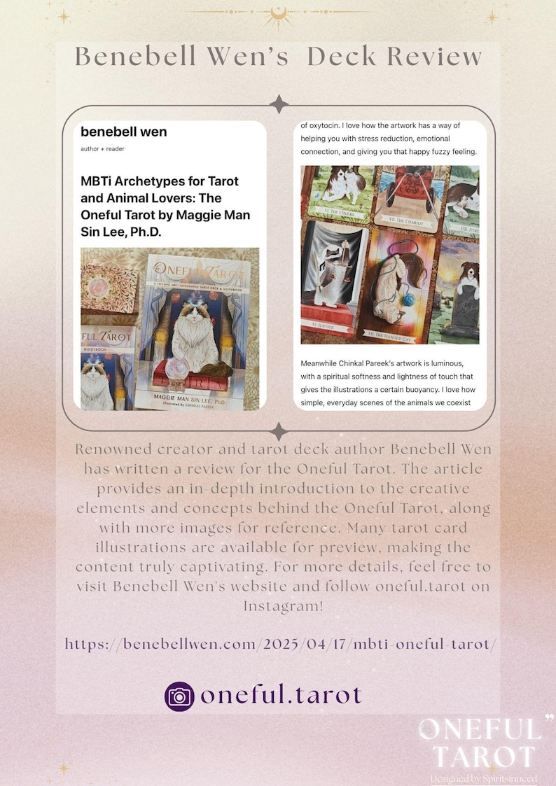 May include: A review of the Oneful Tarot deck by Benebell Wen, a tarot deck author. The article discusses the deck's creative elements and concepts, along with images of the cards. The article also mentions the artist, Chinkal Pareek, and their artwork. The text includes the website address benebellwen.com and the social media handle oneful.tarot.