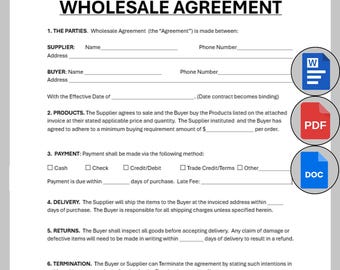 Editable Wholesale Agreement Template, Single Page Business Contract, Printable Wholesale Purchase Agreement, Retail Agreement MS Word PDF