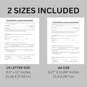 May include: Two residential lease agreements are displayed, one in US Letter size (8.5" x 11" / 21.59 x 27.94 cm) and the other in A4 size (8.27" x 11.69" / 21.0 x 29.7 cm). The text "2 SIZES INCLUDED" is at the top.