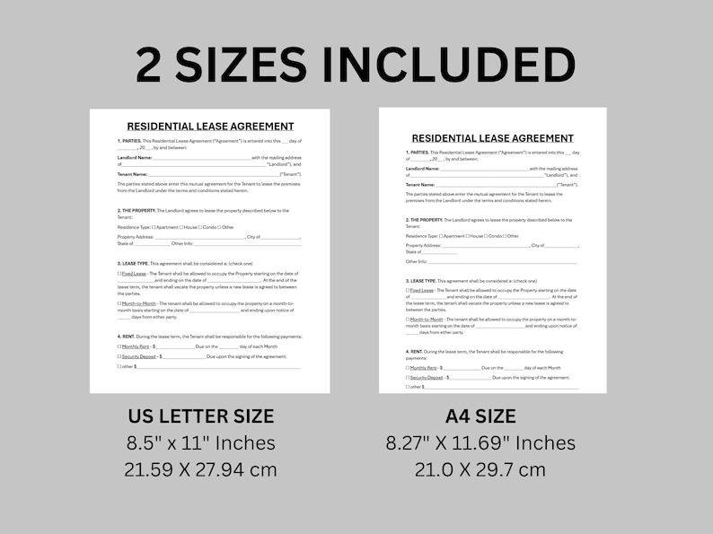May include: Two residential lease agreements are displayed, one in US Letter size (8.5" x 11" / 21.59 x 27.94 cm) and the other in A4 size (8.27" x 11.69" / 21.0 x 29.7 cm). The text "2 SIZES INCLUDED" is at the top.