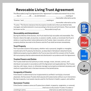 May include: A document titled "Revocable Living Trust Agreement" with text and icons for Word, PDF, and DOC formats. The document is two pages long and includes sections on revocability, trust property, and trustee duties.
