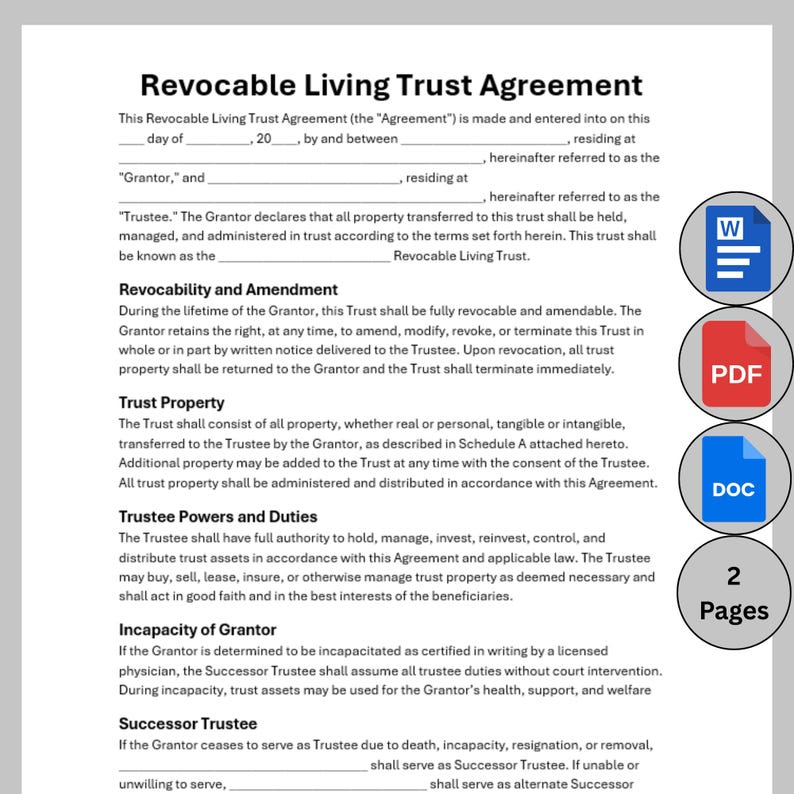Revocable Living Trust Template, Customizable Living Trust Agreement