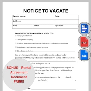 Printable Eviction Notice, Lease Termination Form, Editable Notice to Vacate Template, Landlord Notice Rental Eviction Vacate Premises Form