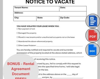 Printable Eviction Notice, Lease Termination Form, Editable Notice to Vacate Template, Landlord Notice Rental Eviction Vacate Premises Form