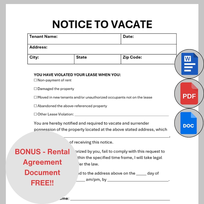 Printable Eviction Notice, Lease Termination Form, Editable Notice to ...