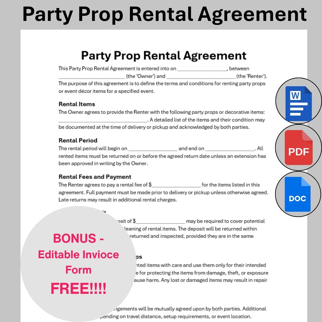 Prop Contract Party Prop Rental Agreement Form, Customizable Event Decor Contract ...