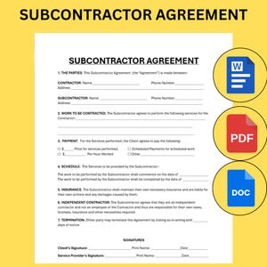 Subcontractor Agreement Contract Editable Template Single One Page Form Printable Job General Construction Digital PDF MS Word Google Docs