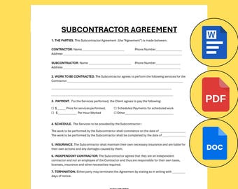 Subcontractor Agreement Contract Editable Template Single One Page Form Printable Job General Construction Digital PDF MS Word Google Docs