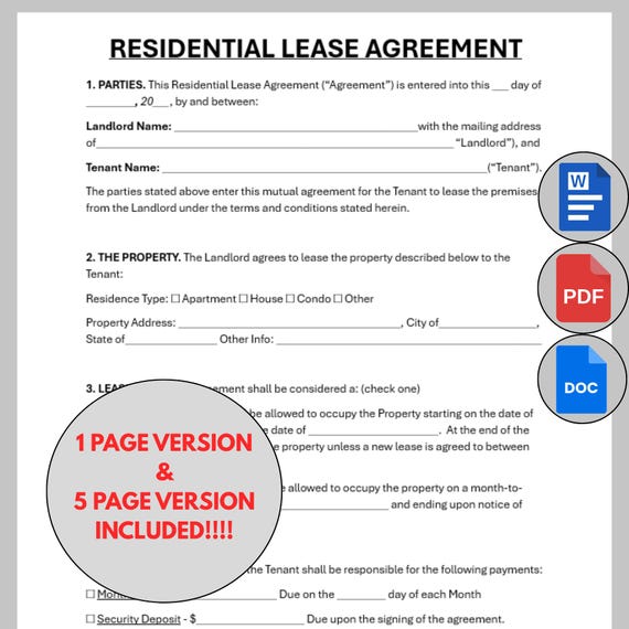 Editable Rental Agreement Template, Printable Lease Agreement, Residential Housing Agreement, Home Rental Agreement Google Doc MS Word PDF