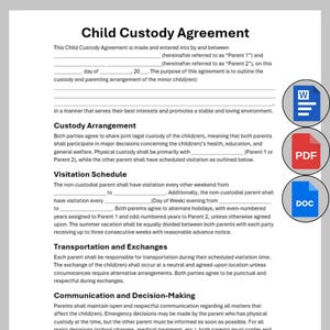 May include: A child custody agreement document with sections on custody arrangement, visitation schedule, and transportation. Includes icons for Word, PDF, and DOC formats. The document is designed to outline the custody and parenting arrangement of a minor.