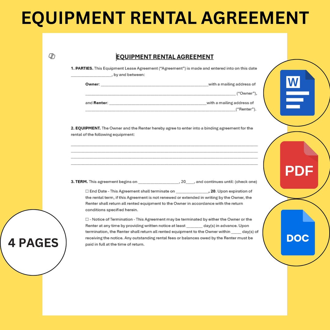 Equipment Rental Agreement Editable Template. Equipment Rental Contract ...