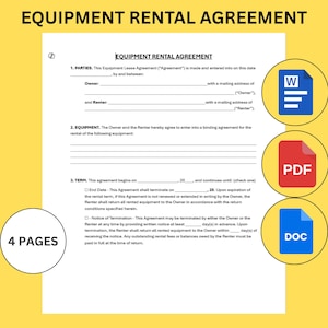 Equipment Rental Agreement Editable Template. Equipment Rental Contract.  Equipment Rental Form. Editable Equipment Lease. Printable Form.