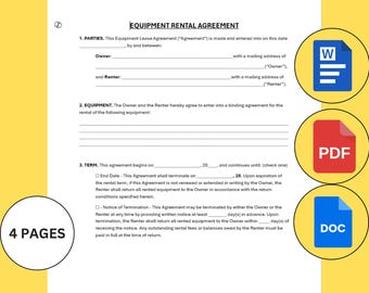 Equipment Rental Agreement Editable Template. Equipment Rental Contract.  Equipment Rental Form. Editable Equipment Lease. Printable Form.