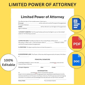 May include: A Limited Power of Attorney document with the title at the top. The document includes fields for Principal and Agent information, and sections for granting authority, effective date, and limitations. Icons for Word, PDF, and DOC files are on the right, and a "100% Editable" badge is on the left.