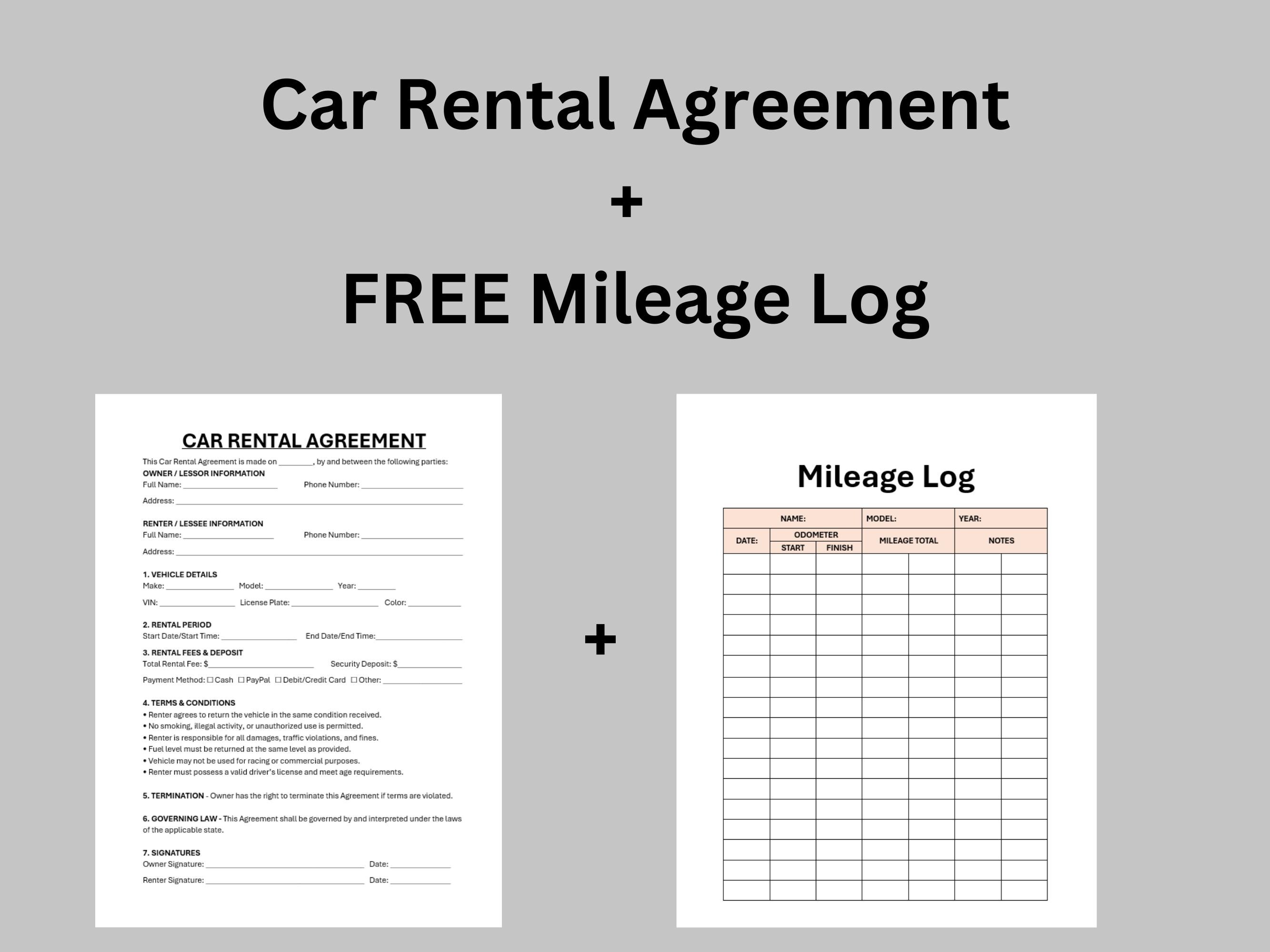 Editable Car Rental Agreement Template, Single Page Car Rental Contract ...