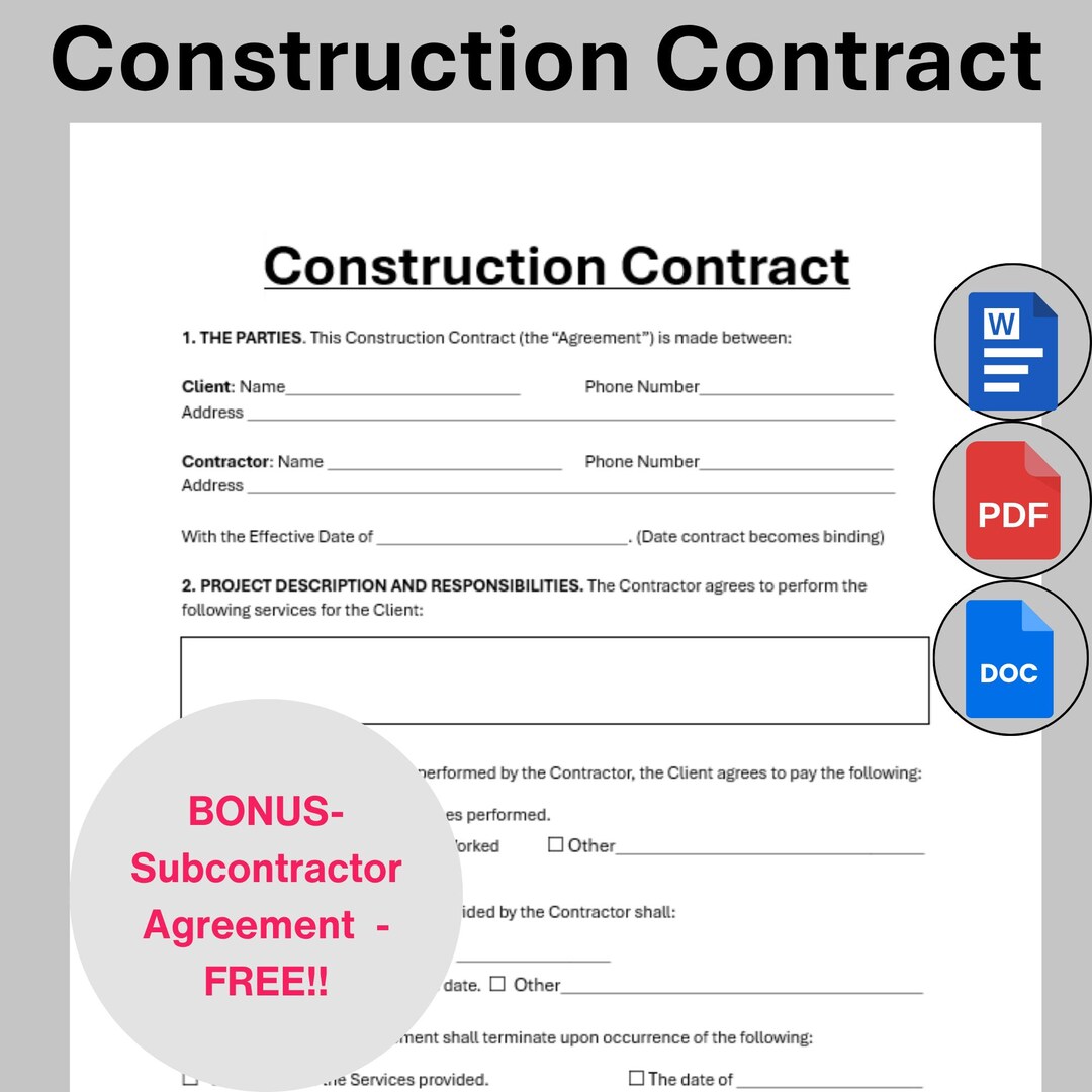 Editable Construction Contract Agreement Template, Single Page ...