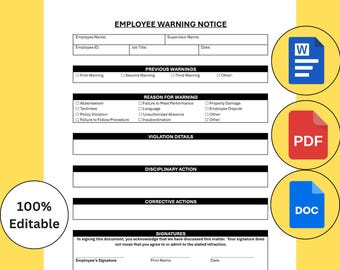Employee Warning Notice Editable Template. Employee Discipline Template. Employee Performance Form. Employee Write Up Form. PDF Word Google