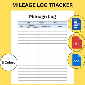 May include: A white mileage log template with the text "Mileage Log" and "Mileage Log Tracker" in black. The log includes fields for date, name, odometer readings, model, year, mileage total, and notes. Icons for Word, PDF, and DOC files are shown.