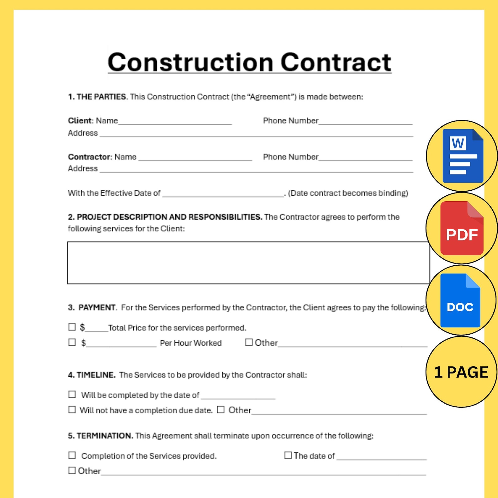 Editable Construction Contract Agreement Template, Single Page ...