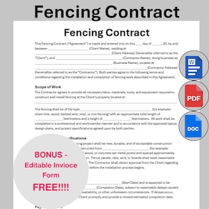 May include: A fencing contract template with fillable fields for client and contractor details. Includes sections for scope of work and specifications. Bonus: Editable invoice form, free. Icons for Word, PDF, and DOC formats are visible.
